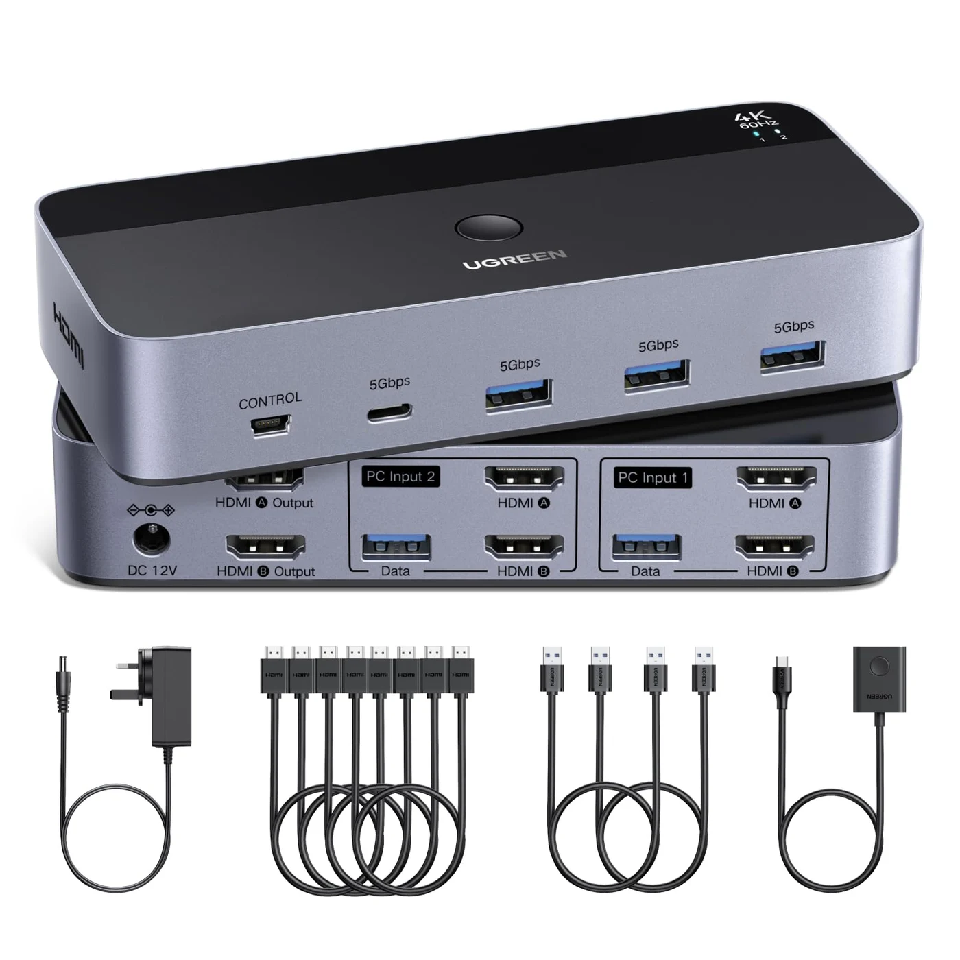 UGREEN 55455 front and rear views with two HDMI outputs, paired HDMI inputs for each PC, USB data ports, and included accessories