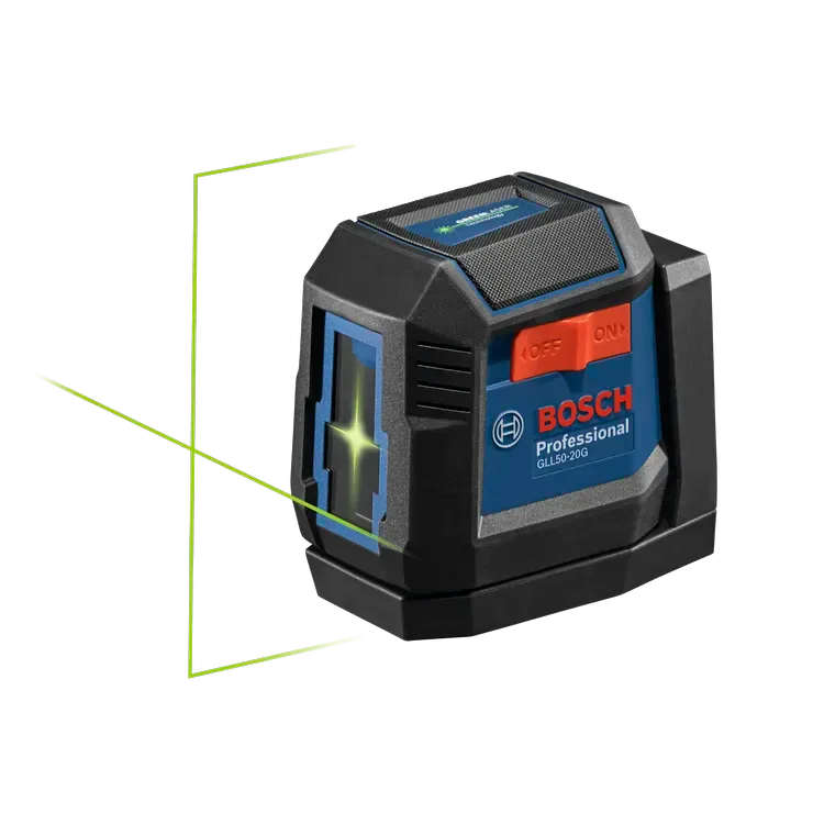Bosch GLL50-20G green cross-line laser level with horizontal and vertical beam illustration