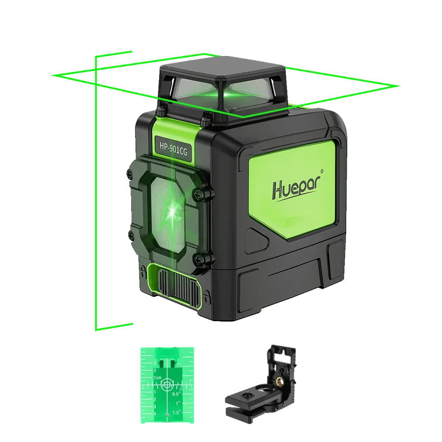 Huepar 901CG green laser level projecting one horizontal plane and one vertical line
