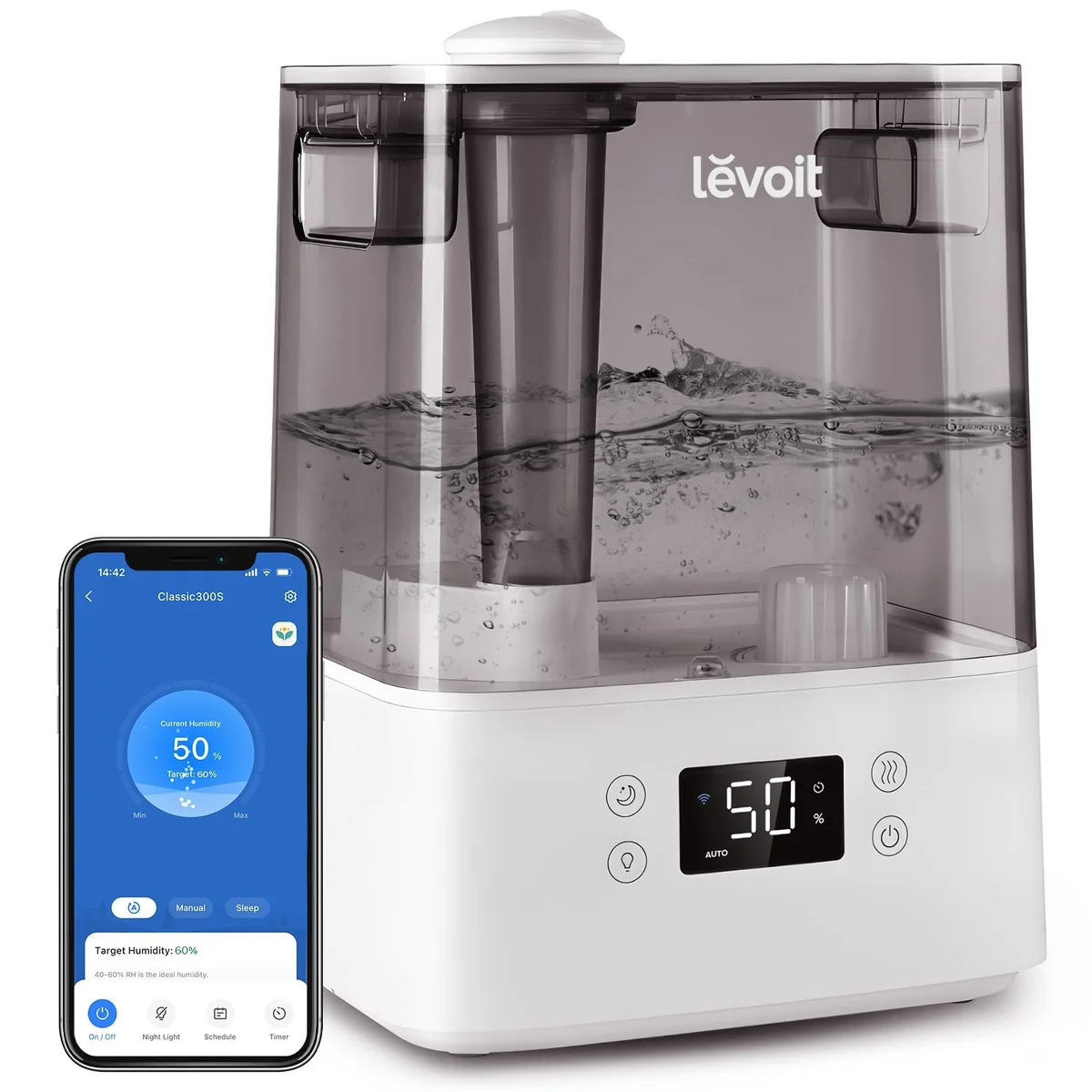 Levoit Classic 300S gray-tank humidifier with top nozzle and front humidity display