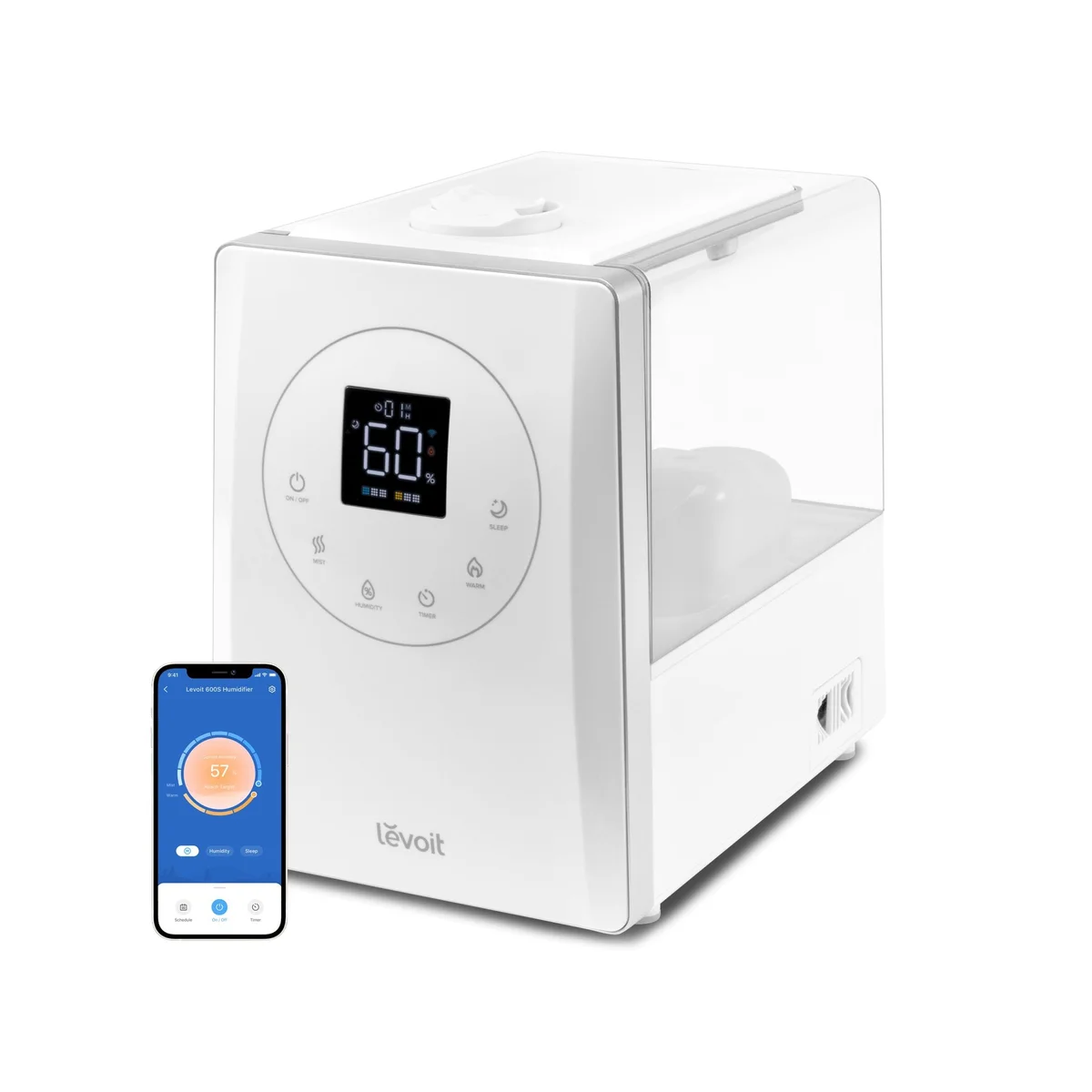 White Levoit LV600S with rectangular top-fill tank, dual mist nozzles and front display