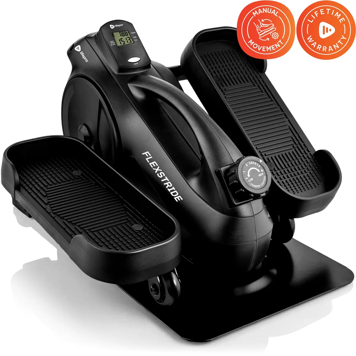 Black LifePro FlexStride showing its pedals, resistance dial and built-in display