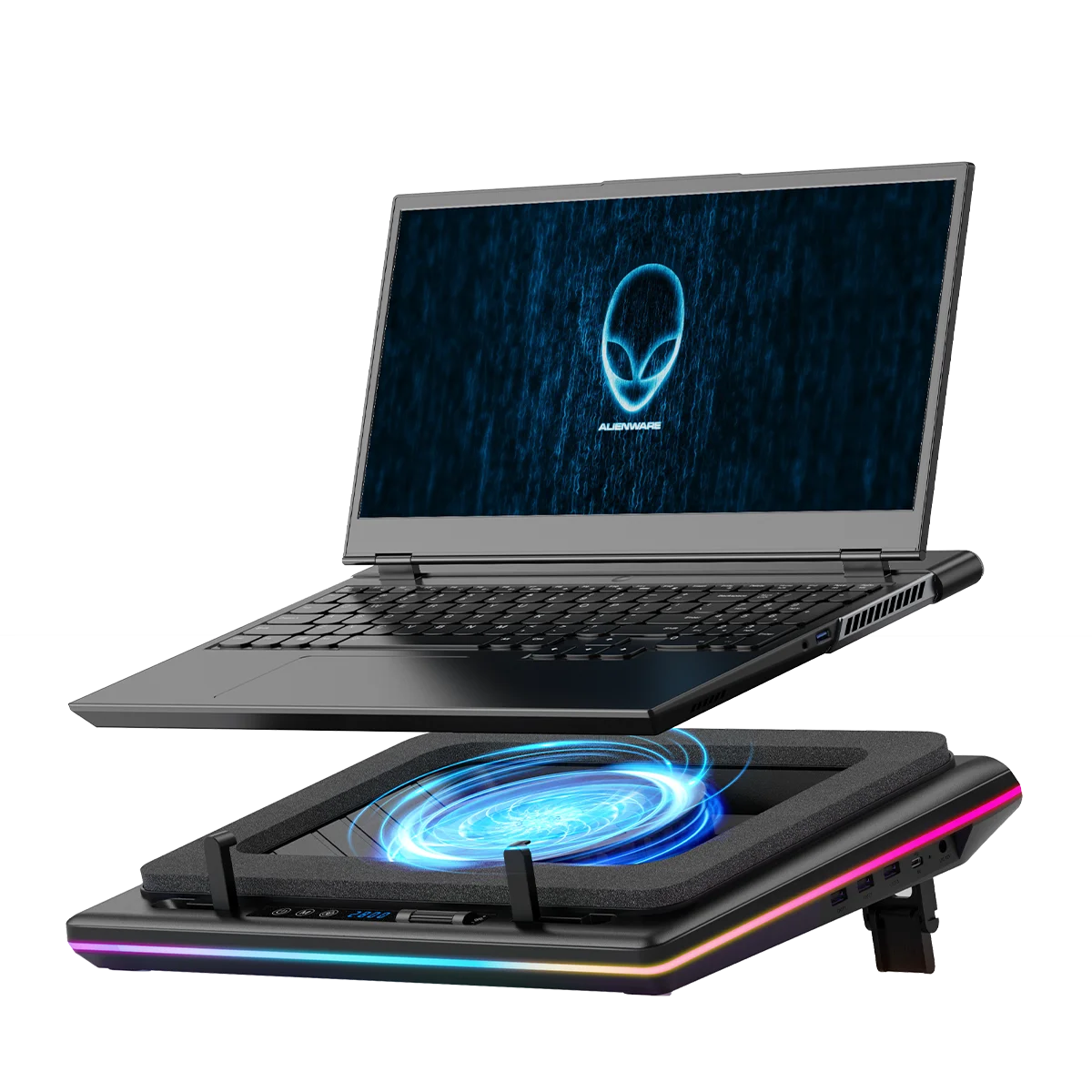 Black llano V12 RGB cooling pad with foam opening, front speed controls and lighting