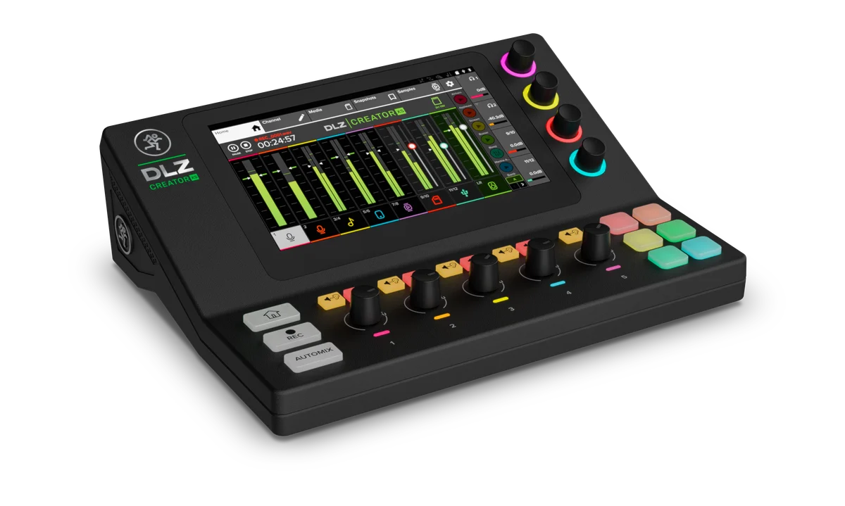 Mackie DLZ Creator XS with wide touchscreen, rotary controls and sound pads