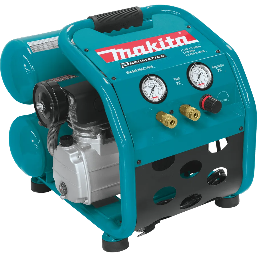 Makita MAC2400 teal twin-stack compressor with two front couplers and oil-lubricated pump