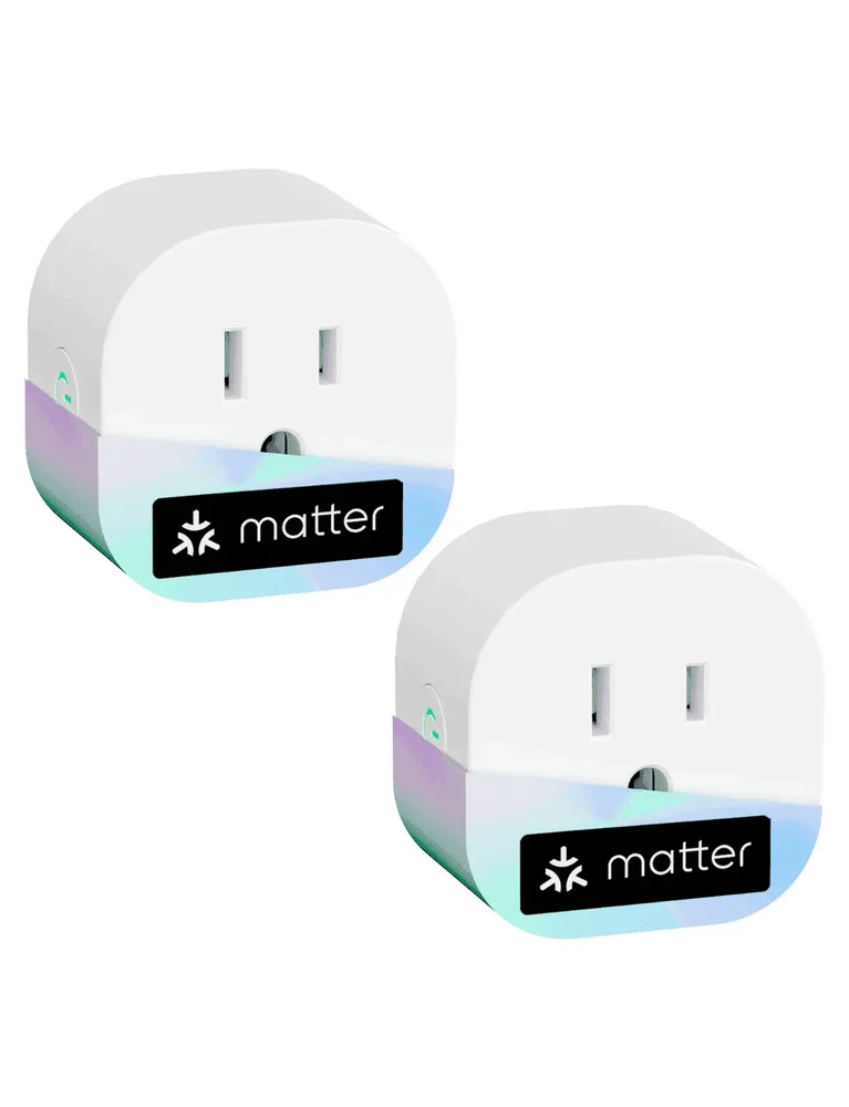 Two round US Meross MSS115 Matter smart plugs