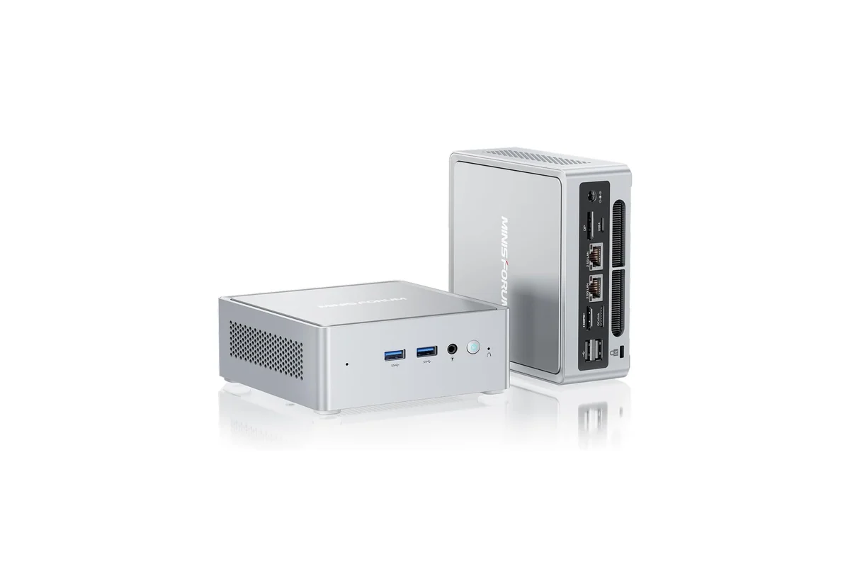 MINISFORUM NAB9 Plus mini PC shown horizontally and vertically