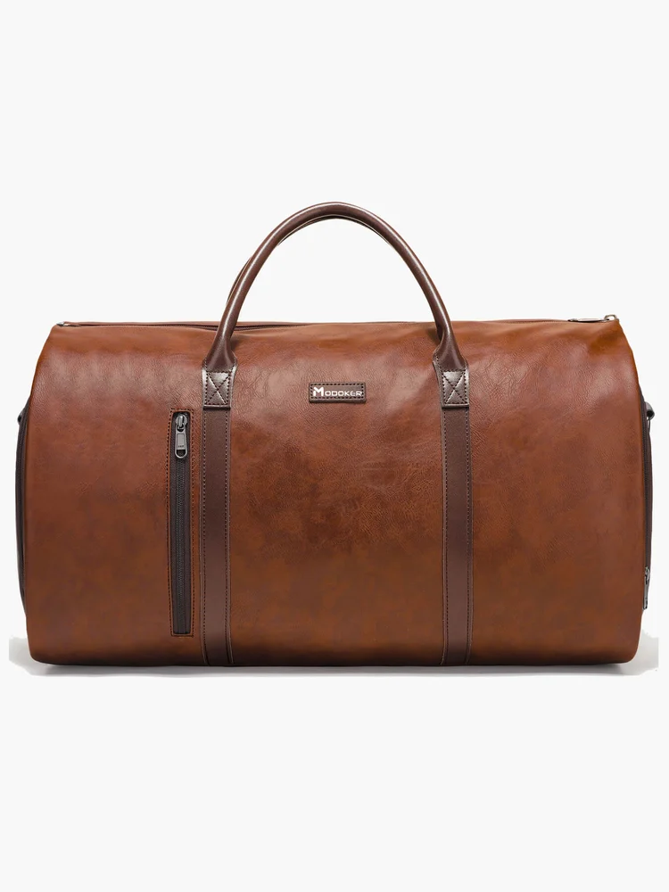 Brown Modoker convertible garment duffel with handles and detachable shoulder strap