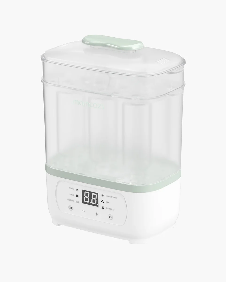 Momcozy BS02 bottle sterilizer and dryer with upper accessory basket and touch controls