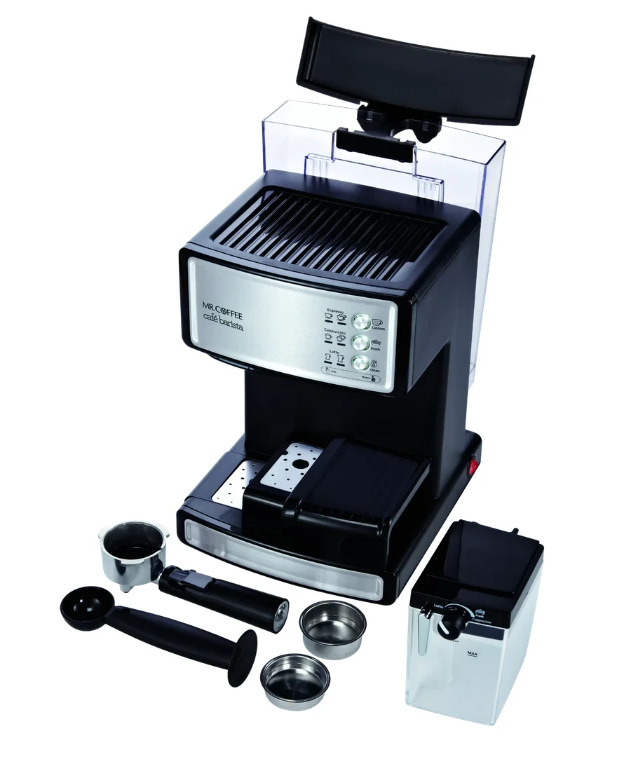 Mr. Coffee Cafe Barista with removable milk reservoir, filters, portafilter and measuring scoop shown separately