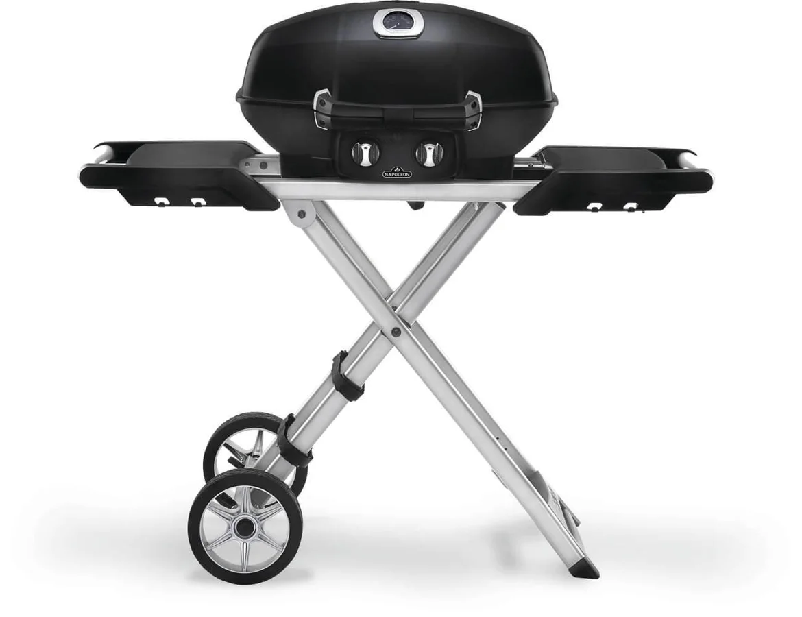 Napoleon TravelQ PRO285X black portable propane grill on its silver scissor cart