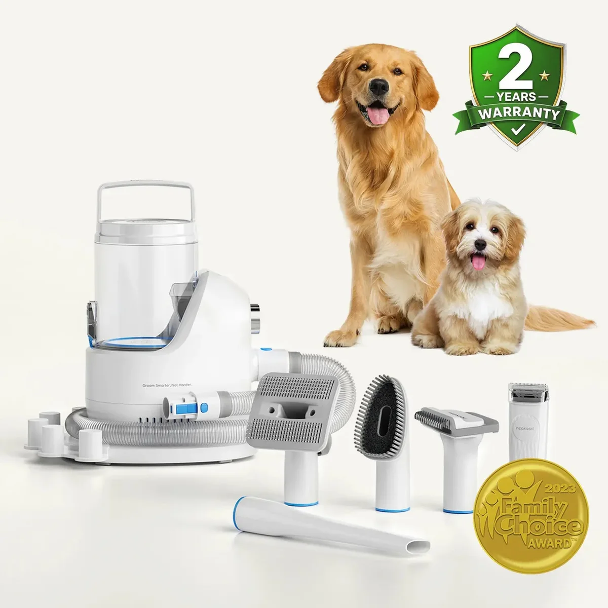 Neakasa P2 Pro vacuum with its clear collection bin, hose and grooming attachments