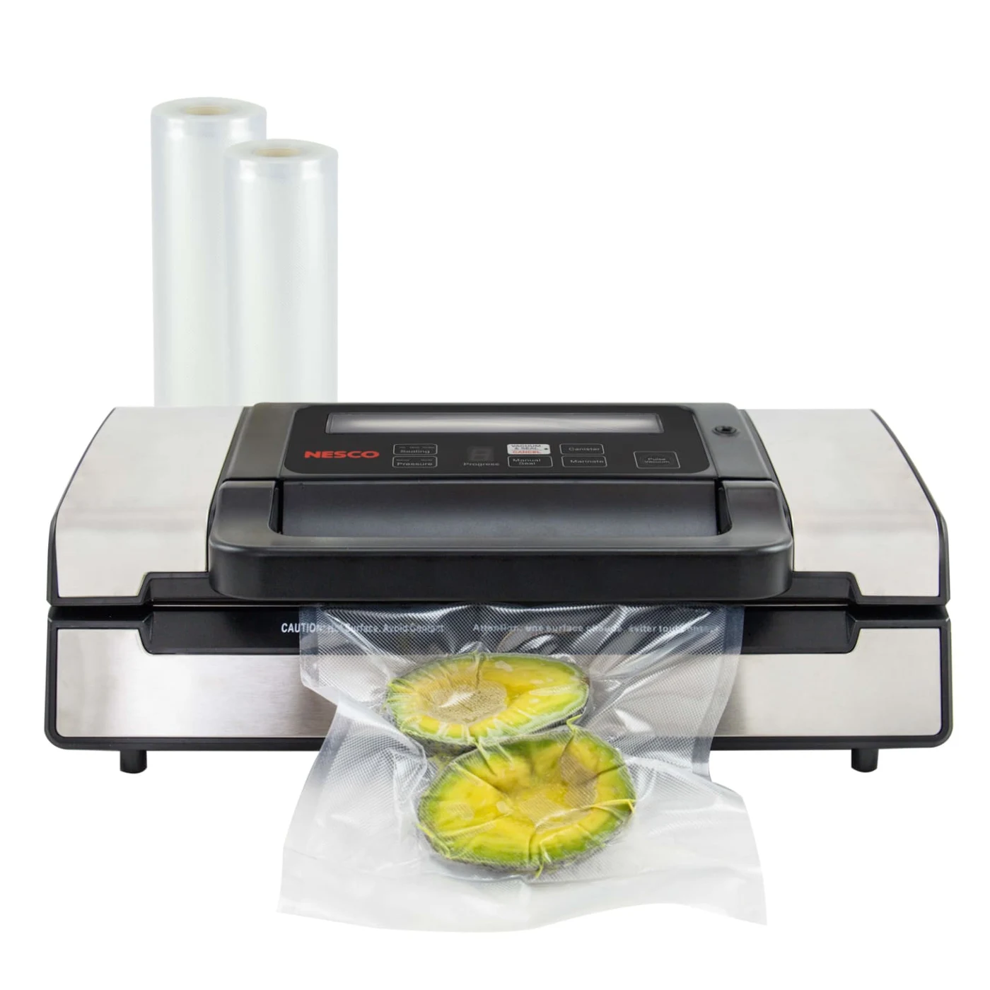 NESCO VS-12 silver and black vacuum sealer with handle, labeled pressure controls, and two bag rolls