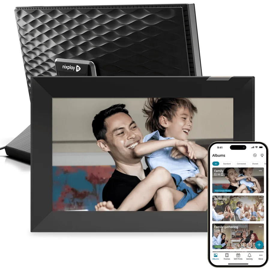 Nixplay W10K digital photo frame shown with its rear stand and mobile app