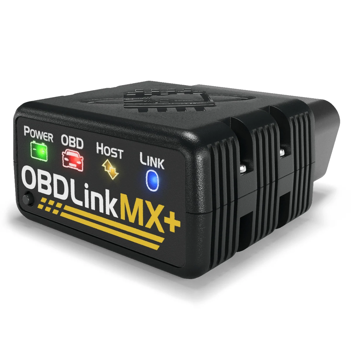 Black OBDLink MX+ Bluetooth diagnostic adapter with its vehicle connector