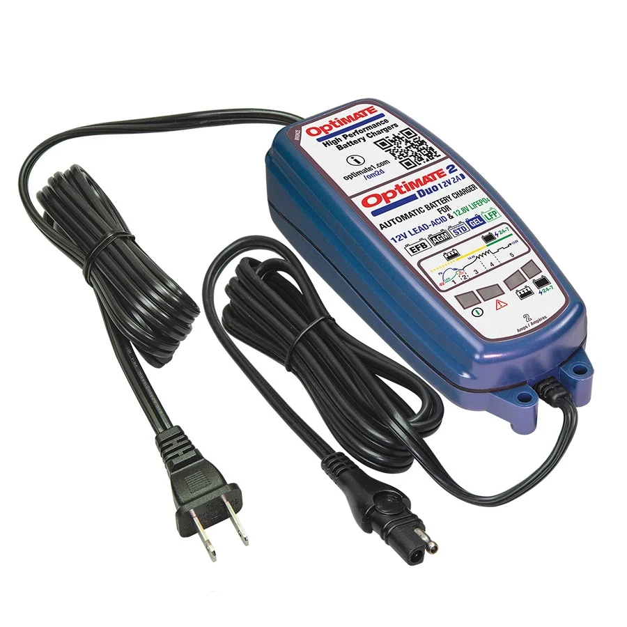 OptiMate 2 DUO TM-551 with US plug, SAE connection and labeled status indicators