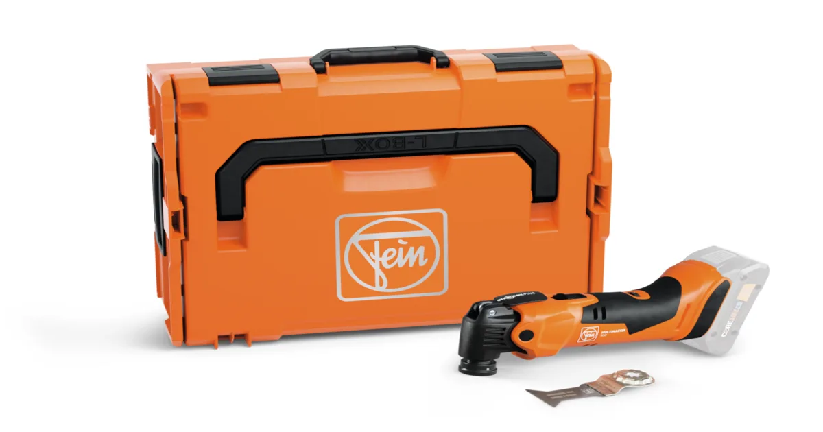 Fein AMM 500 Plus AS orange cordless oscillating tool beside its L-BOXX case