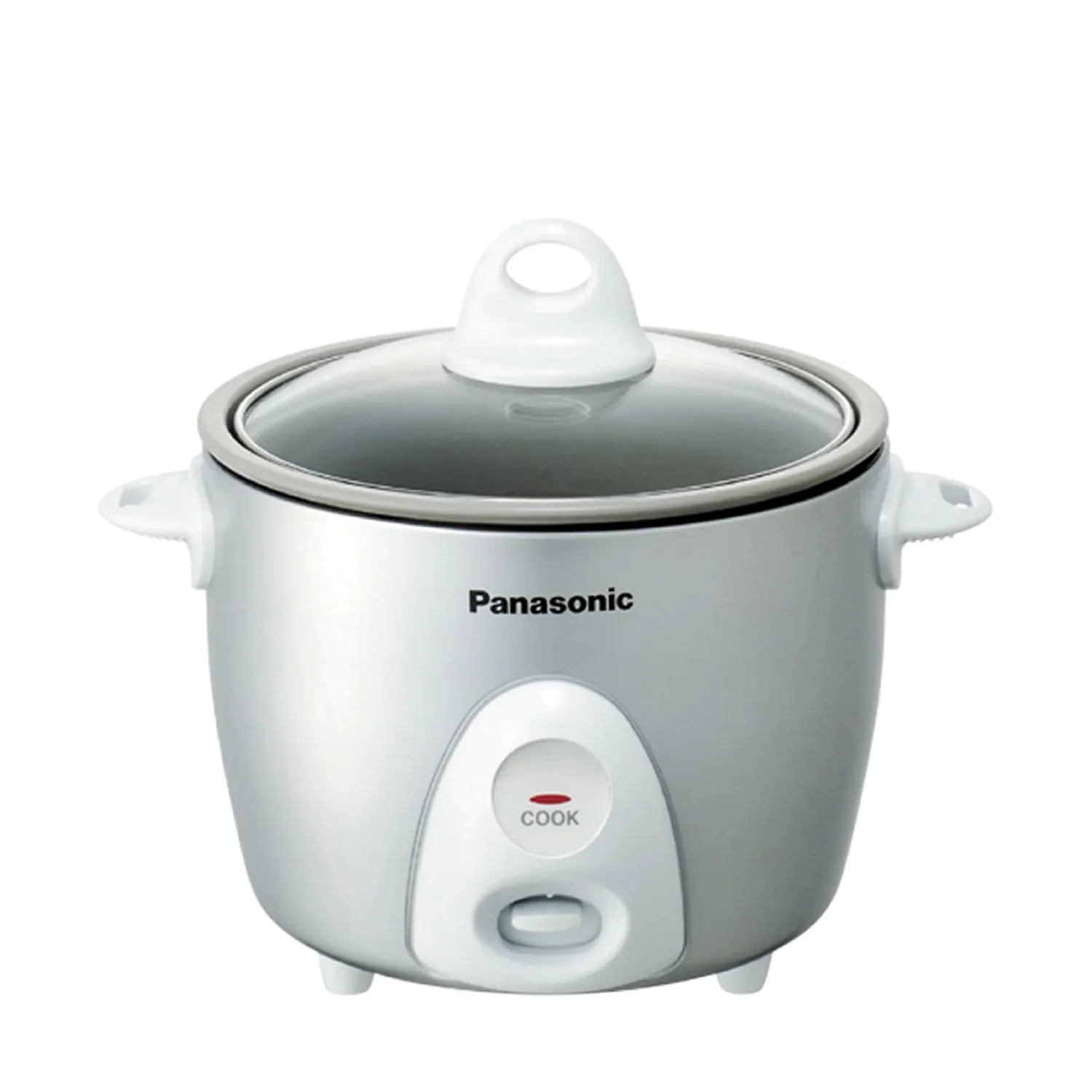 Silver Panasonic SR-G06FGL rice cooker with removable glass lid and front cook switch