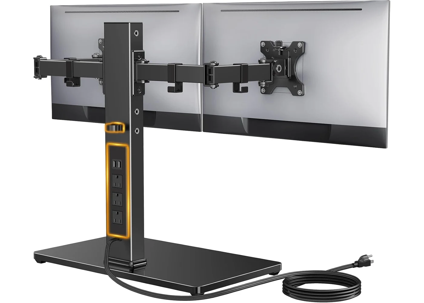 Perlegear PGTVS41B holding two monitors above its glass base and integrated power strip