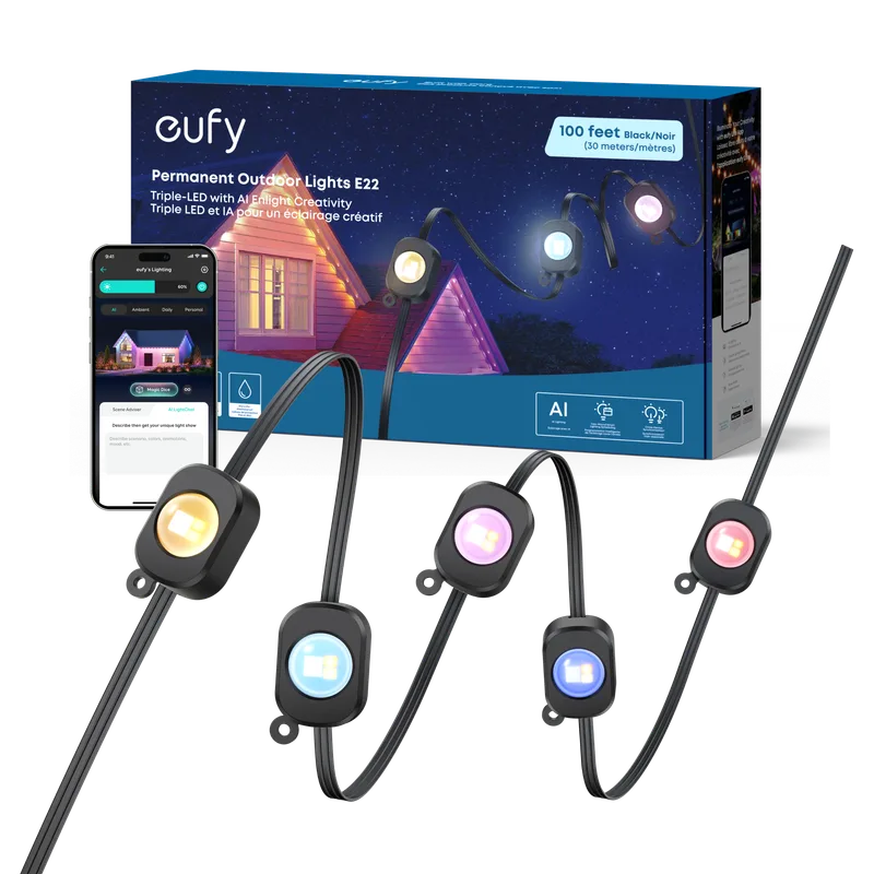 Black eufy Permanent Outdoor Lights E22 100-foot kit with triple-LED pucks and app