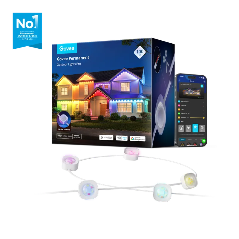 Govee Permanent Outdoor Lights Pro 100-foot kit with white RGBICWW pucks and mobile app