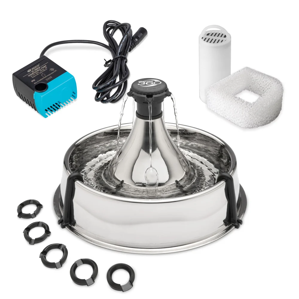 PetSafe Drinkwell 360 stainless fountain with a large circular bowl and central spout