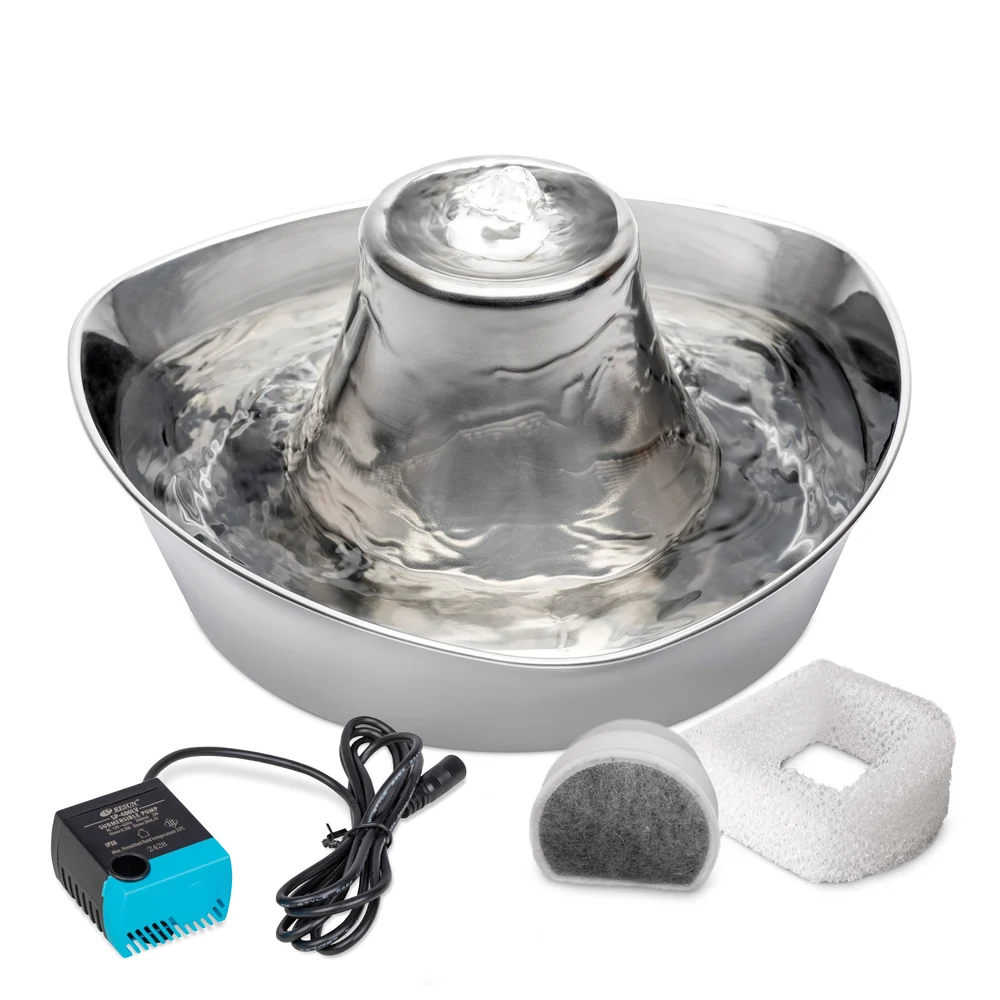 PetSafe Seaside stainless steel fountain with a low bubbling tower and open drinking bowl