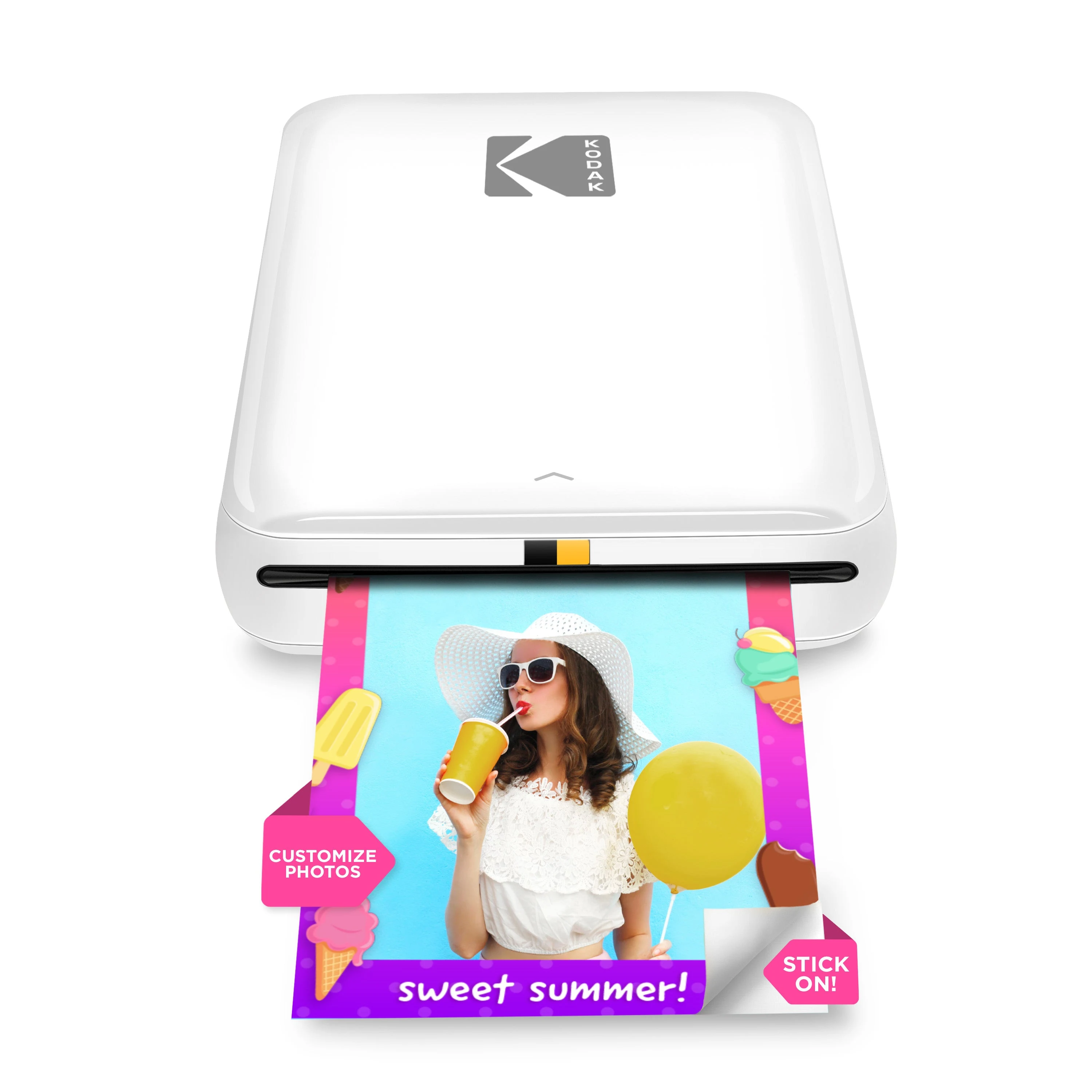 White KODAK Step portable photo printer producing a customized sticker photo