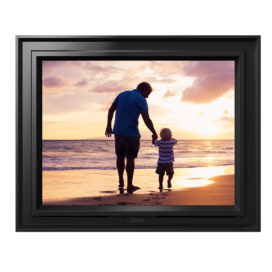 Pix-Star LUX 10.4-inch digital frame displaying a family photo at sunset