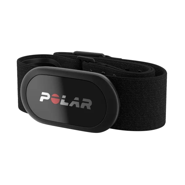 Black Polar H10 heart-rate sensor attached to its chest strap