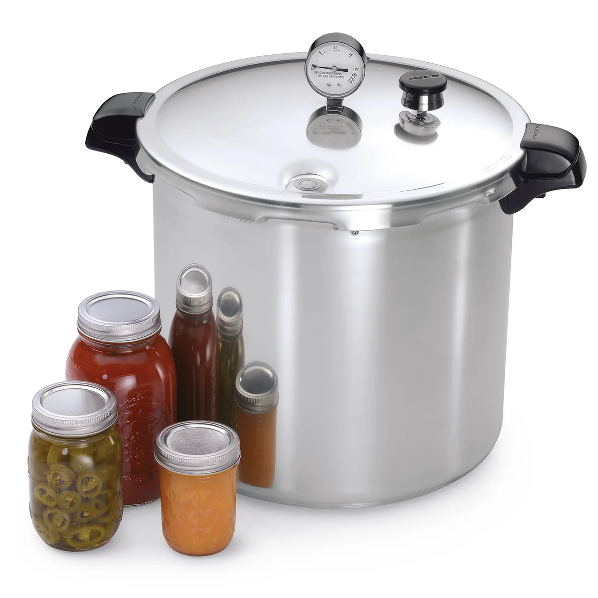 Presto 01781 polished-aluminum 23-quart pressure canner with dial gauge and preserving jars