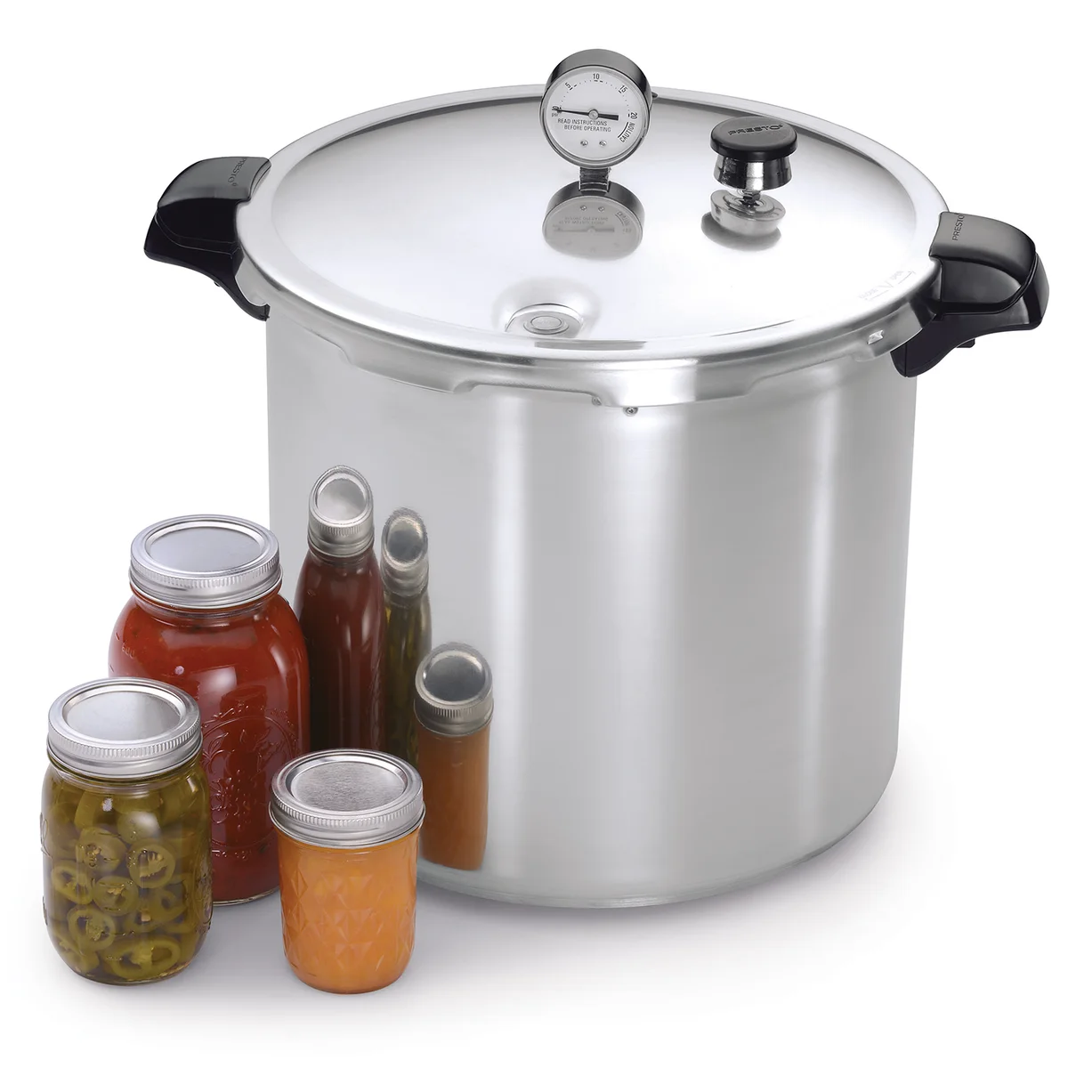 Presto 01784 induction-compatible 23-quart pressure canner with dial gauge and preserving jars