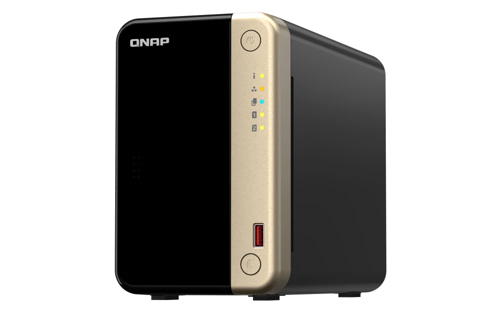 QNAP TS-264 two-bay NAS with black front cover and gold control strip