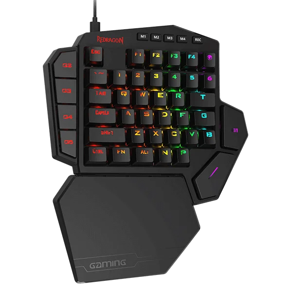 Black wired Redragon K585 DITI with labeled WASD keys, macro buttons and attached palm rest