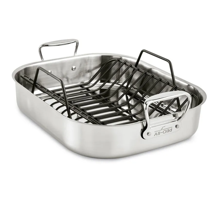 All-Clad stainless steel roasting pan with removable V-shaped rack