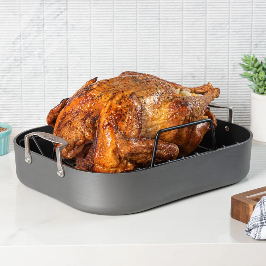 Viking hard-anodized nonstick roasting pan with elevated rack and roasted turkey