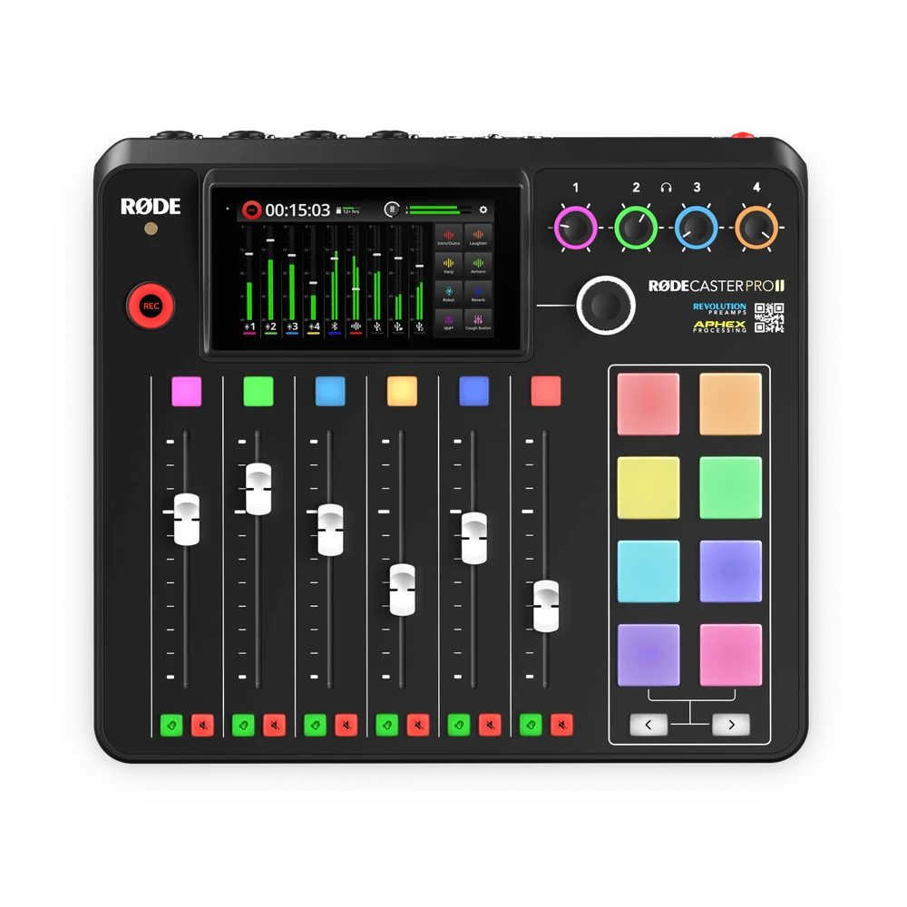 Black RODECaster Pro II showing six physical faders, touchscreen and eight SMART pads