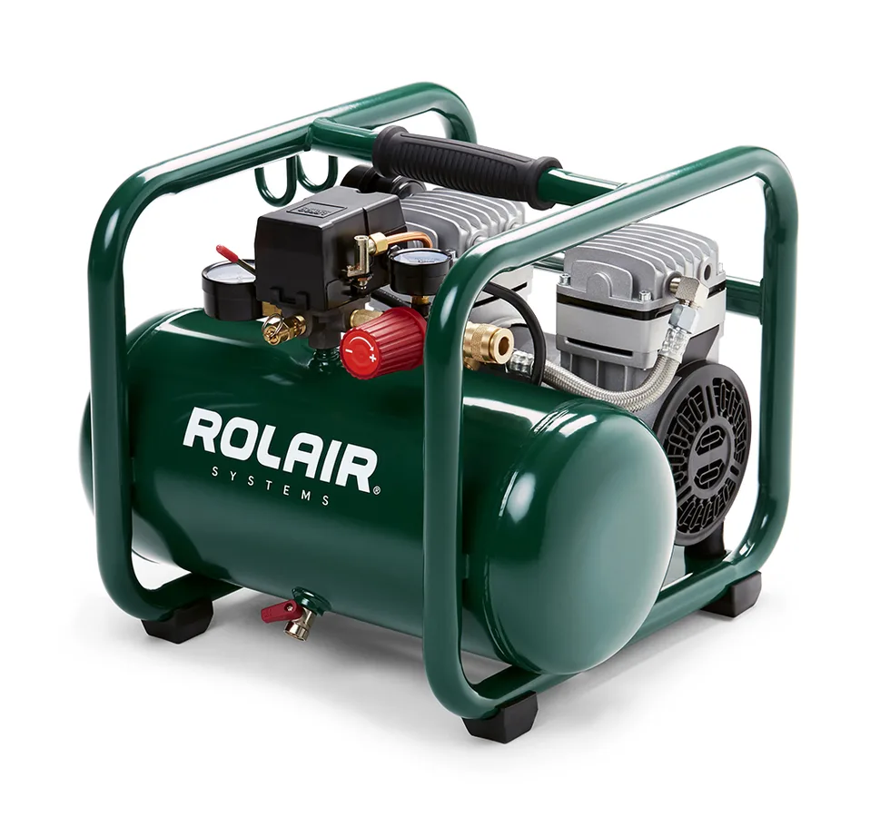 Rolair JC10PLUS green roll-cage compressor with 2.5-gallon tank and front gauges