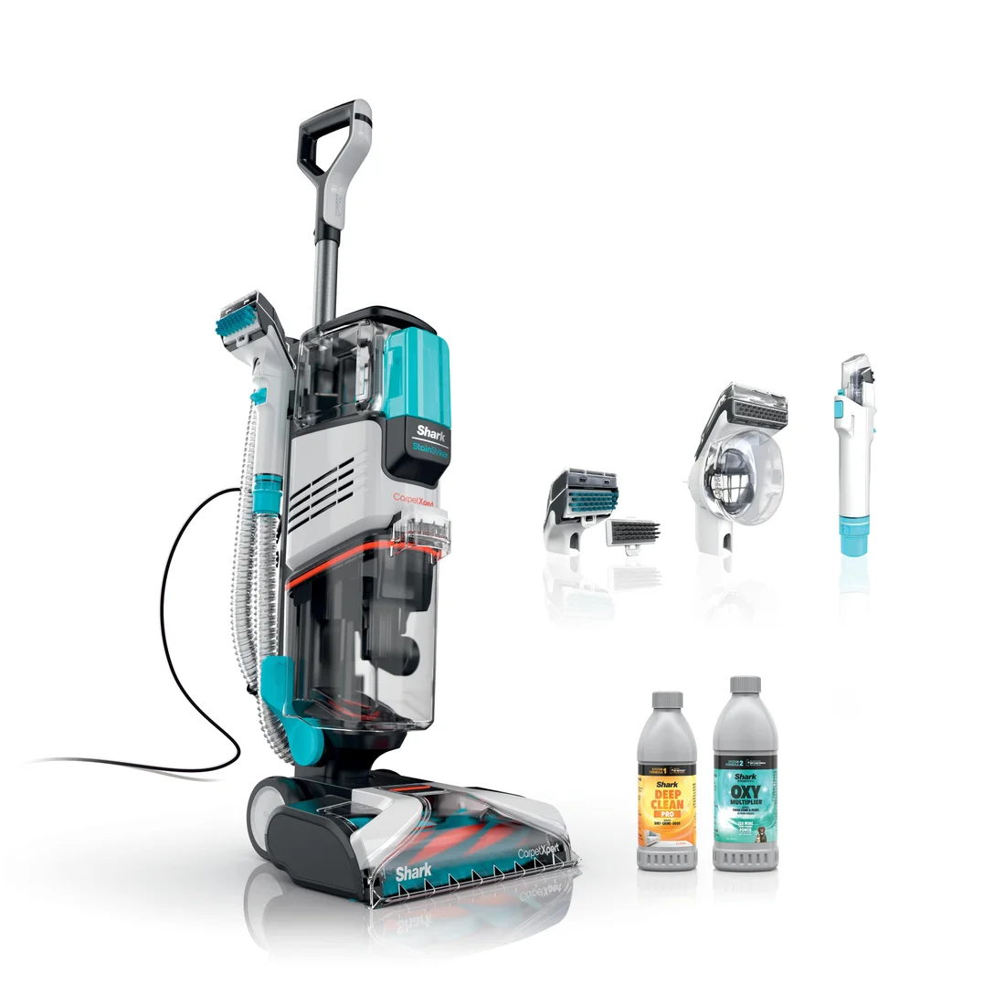 Shark CarpetXpert EX201 upright with hose tools and Deep Clean Pro and OXY Multiplier bottles