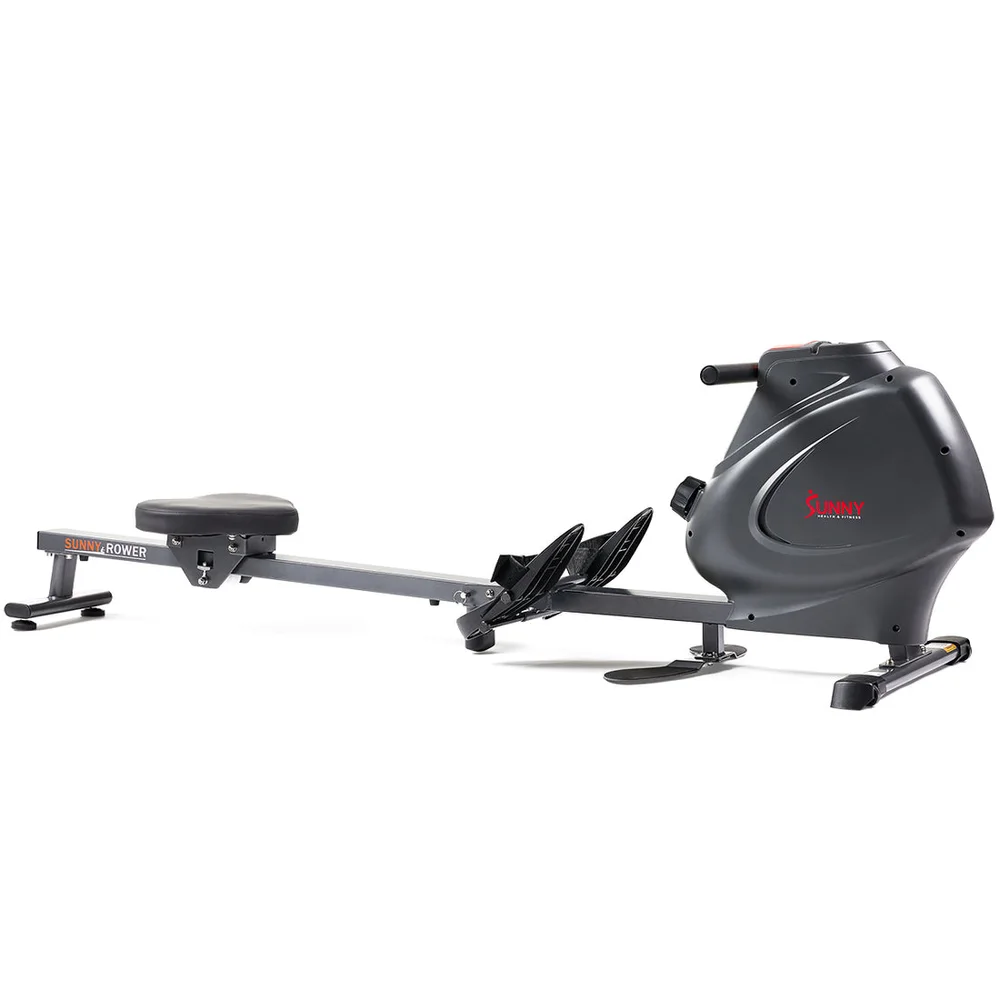 Sunny SF-RW5941SMART rower with long folding rail, seat, resistance dial and standing foot plates