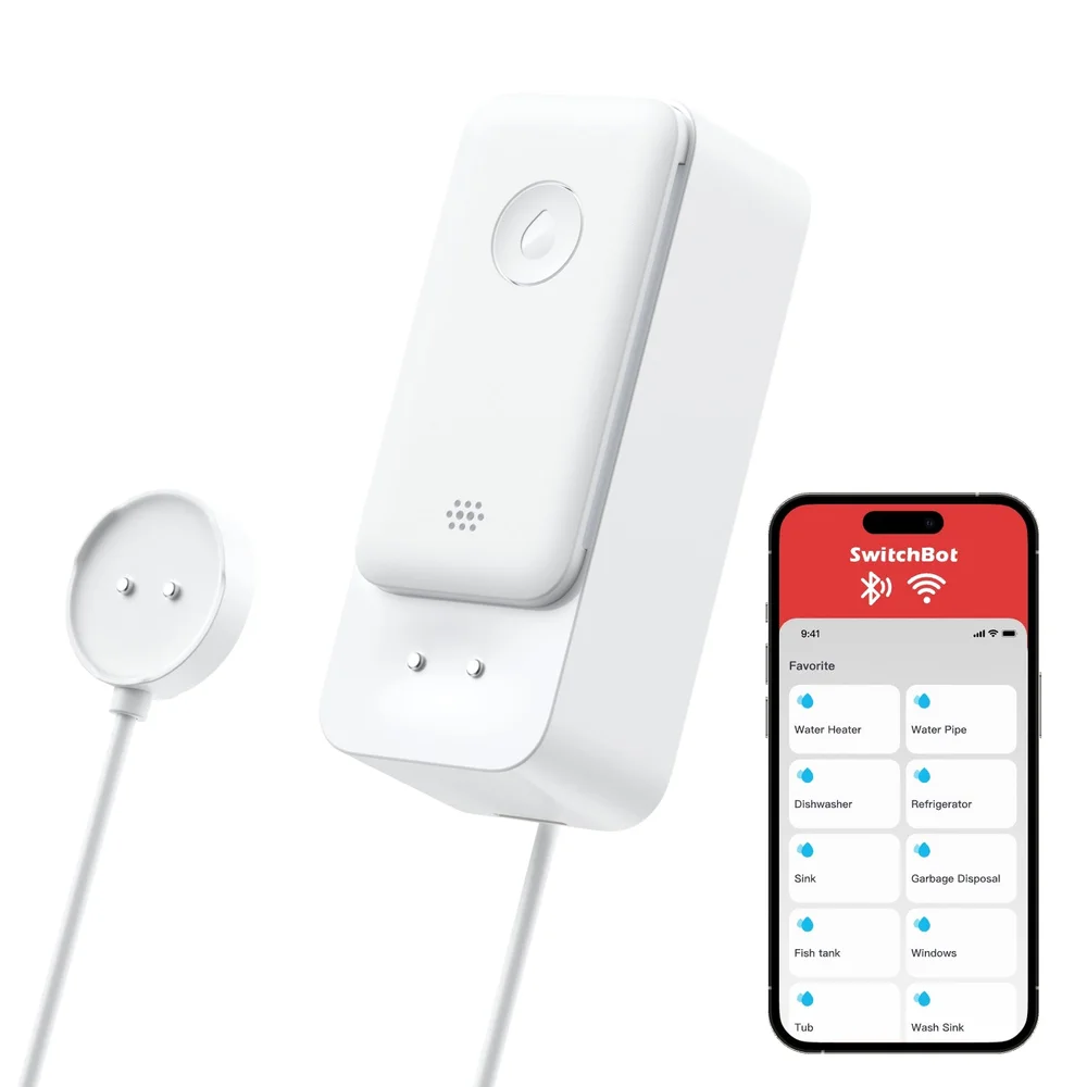SwitchBot cable-edition water detector, remote probe and illustrative app screen