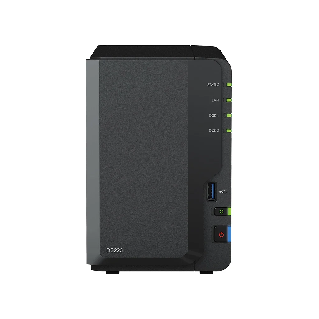 Synology DS223 black two-bay NAS with front status lights and USB port