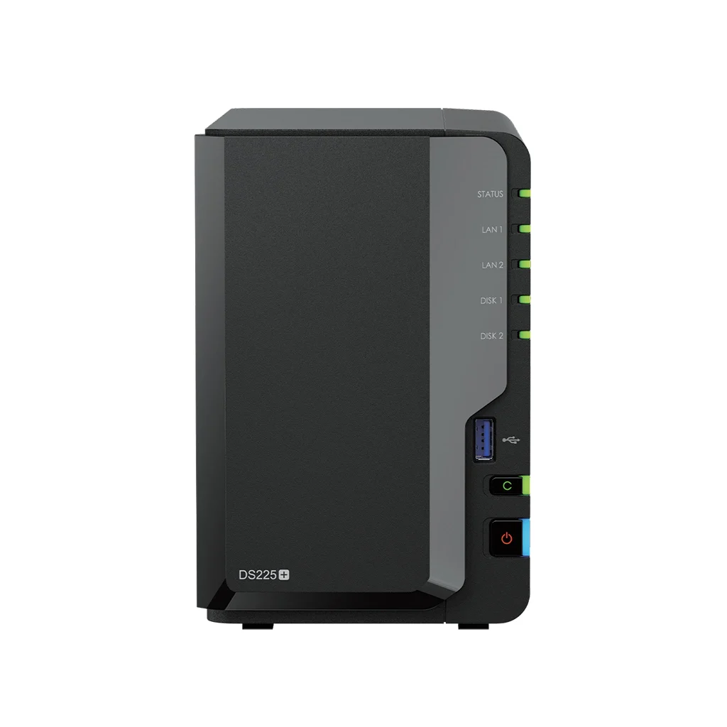 Synology DS225+ two-bay NAS with black front cover, status lights and USB port