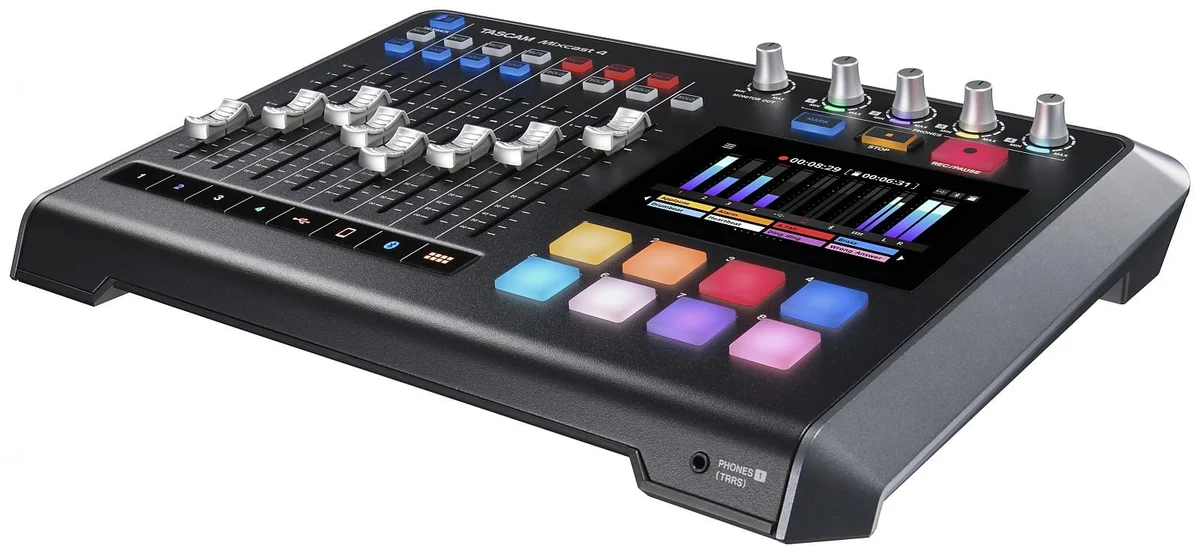 TASCAM Mixcast 4 with eight channel faders, touchscreen and sound pads