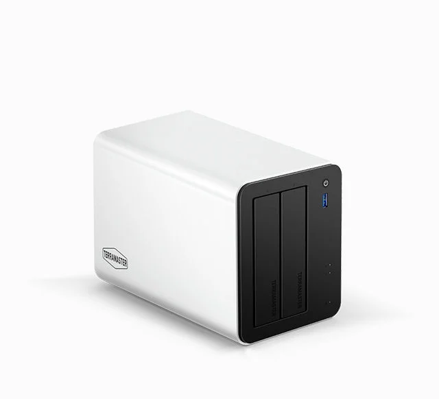 TerraMaster F2-425 Plus silver NAS with two black front drive trays