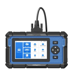 TOPDON ArtiDiag600S scanner with its blue and gray housing, touchscreen and attached diagnostic cable