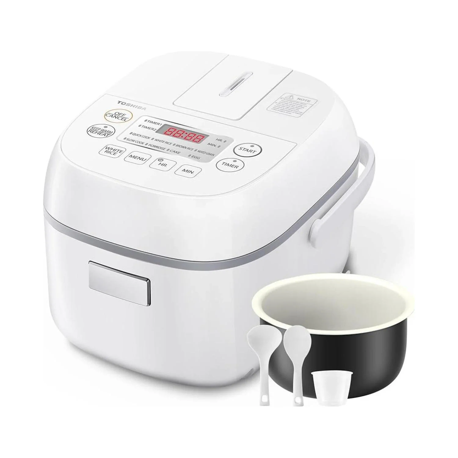 White Toshiba TRCS02 rice cooker with top control panel and hinged lid