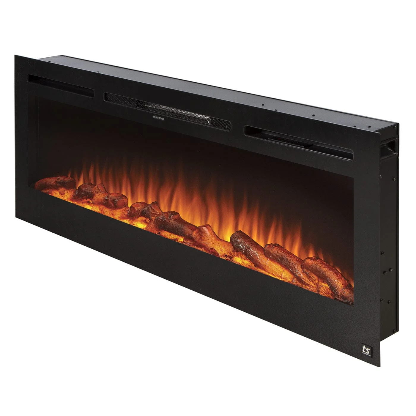Touchstone Sideline 80004 black recessed fireplace showing its front flame window and installation body