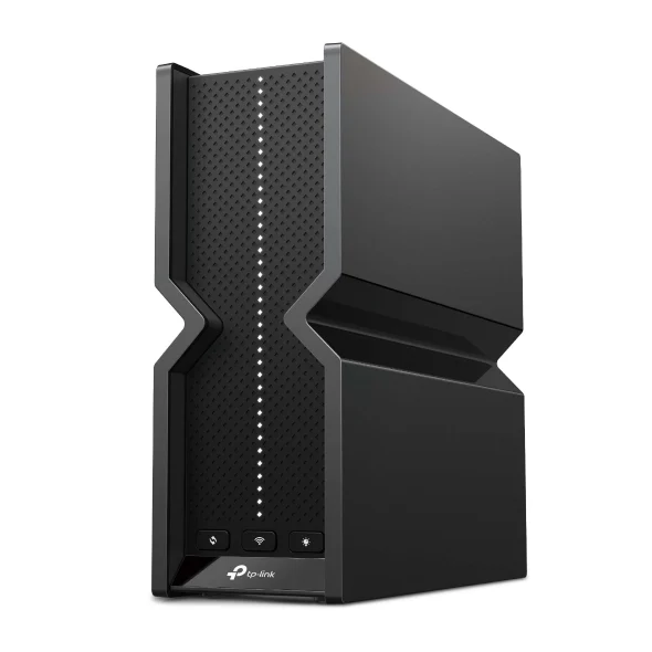TP-Link Archer BE550 upright black router with internal antennas