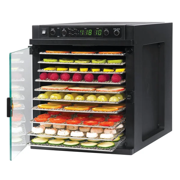 Tribest Sedona Express food dehydrator with its glass door open and eleven trays loaded